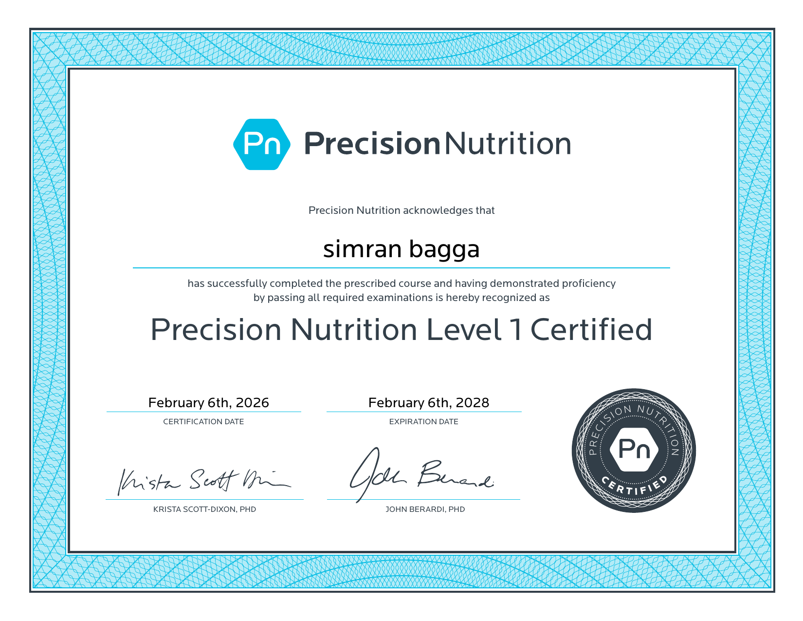 Precision Nutrition Level 1 Certified certificate for simran bagga, certified 6 February 2026