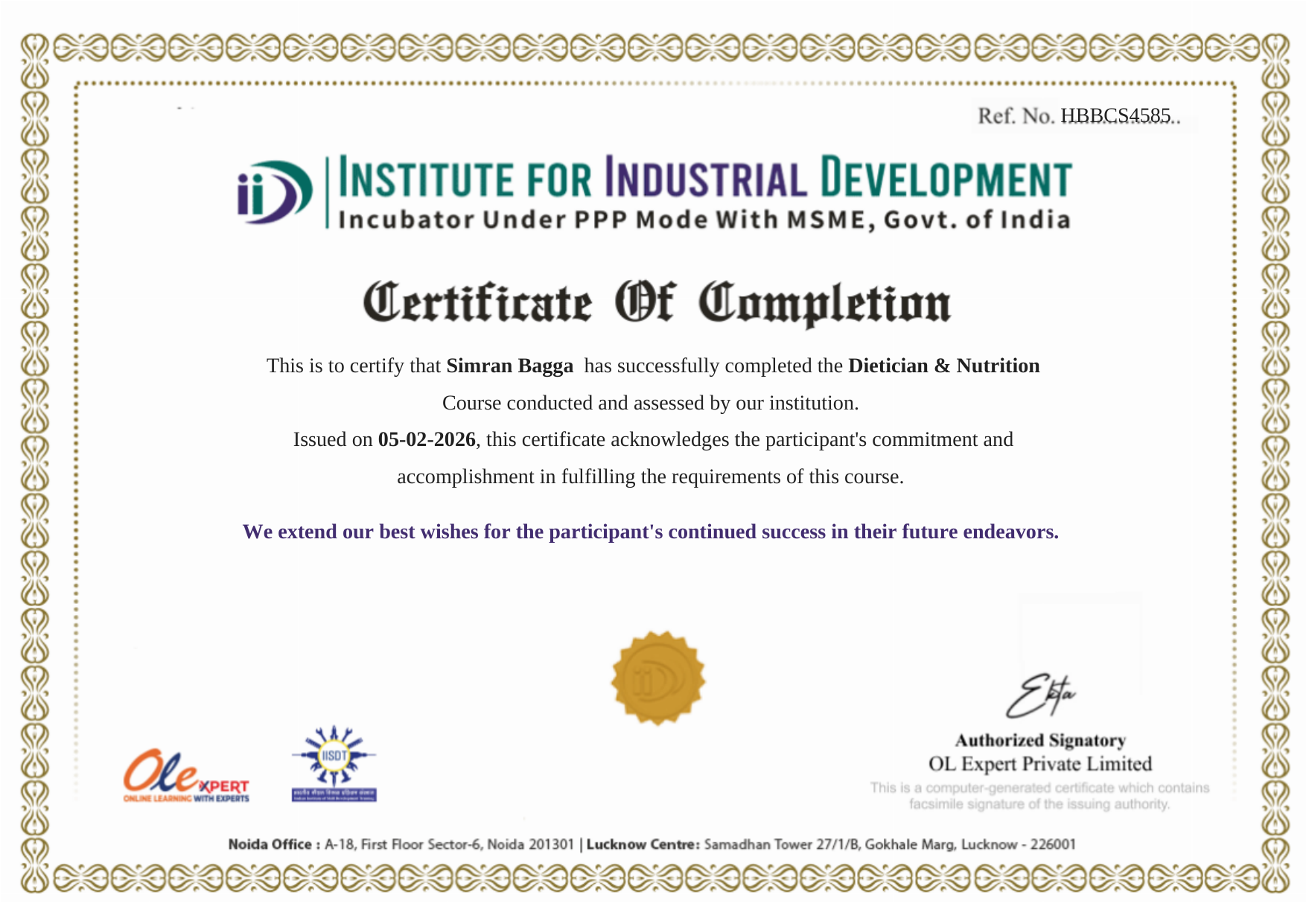 Institute for Industrial Development certificate of completion for the Dietician & Nutrition course awarded to Simran Bagga