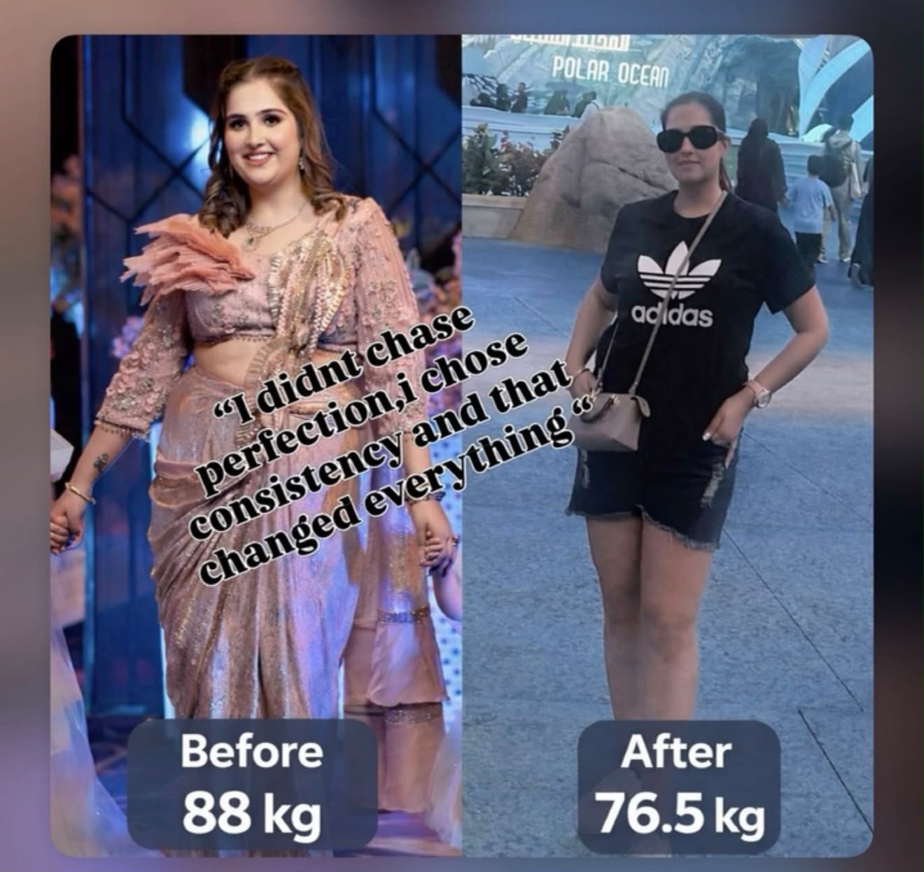 Simran's own transformation: before at 88 kg and after at 76.5 kg