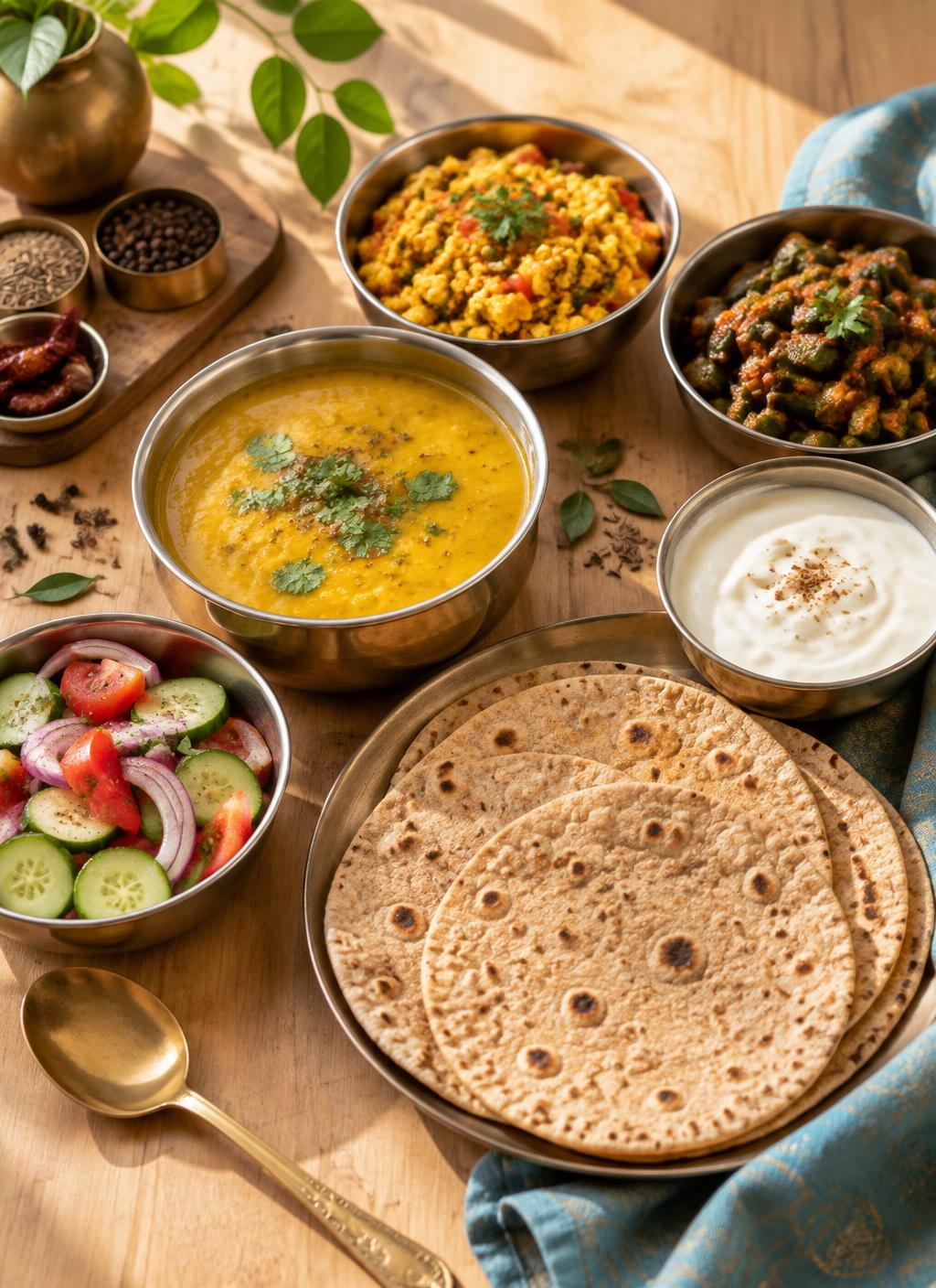A spread of everyday home-cooked Indian food — dal, paneer bhurji, sabzi, salad and rotis